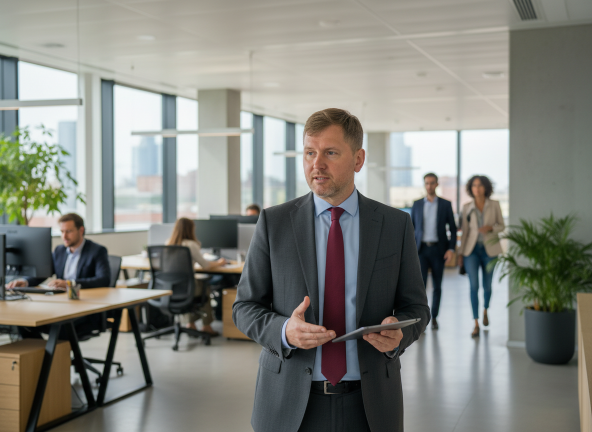 Daniel Hirch im Gespräch mit einem Projektteam im Büro